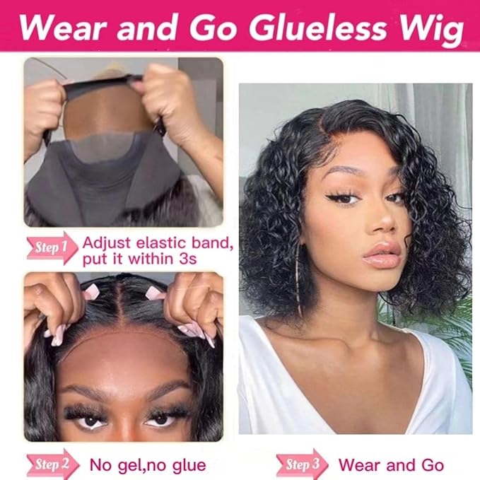 Curly Bob Wig Human Hair Glueless Wigs Human Hair Pre Plucked Pre Cut 4x4 HD Lace Closure Wear and Go Glueless Wigs Human Hair 150% Density Short Curly Bob Wigs for Black Women 10 Inch