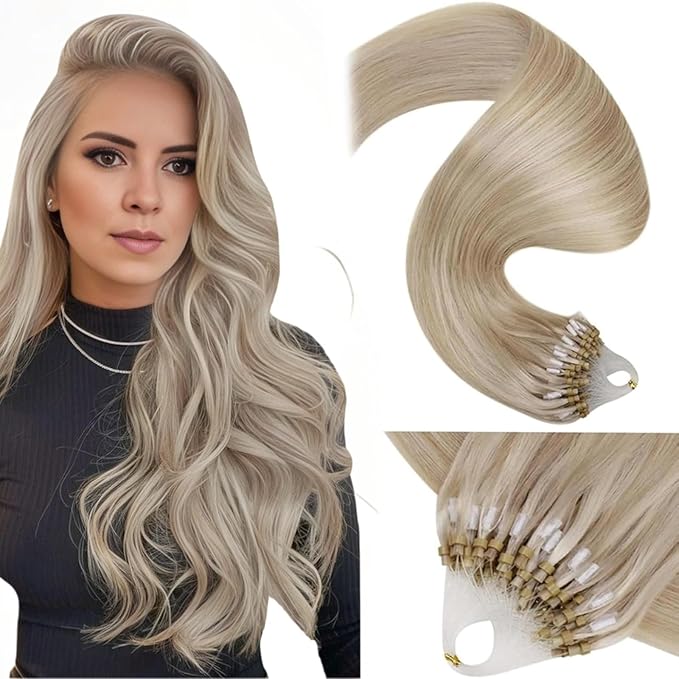 LaaVoo Micro Link Hair Extension Human Hair Ash Blonde Highlights Bleach Blonde Micro Loop Extensions Blonde Microlinks Hair Extensions Human Hair 50s/50s 18inch