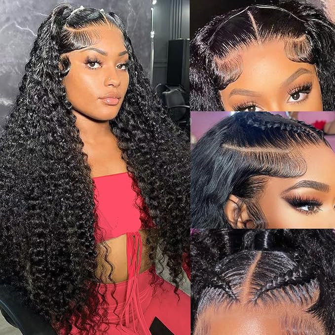 24 Inch 13×6 HD Lace Front Wigs Human Hair Water Wave 200 Density Lace Frontal Wigs Pre Plucked Deep Curly Human Hair Wig for Women Natural Black