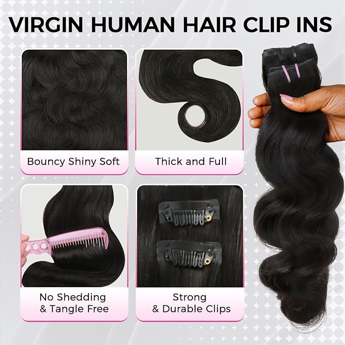 Lashey Invisi Edge & Seamless Clip in Hair Extensions Human Hair, 14 Inch 130g 9pcs(5pcs Invisi Edge& 4pcs Seamless) Real Virgin Human Hair Extensions, Natural Black Body Wave Hair