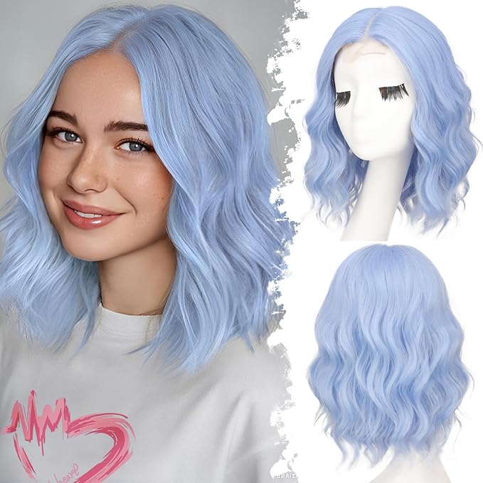 Light Blue Short Wavy Wig for Women Lace Hairline Bob Style Synthetic Heat Resistant - Natural Appearance for Everyday Hairstyle 14 Inch