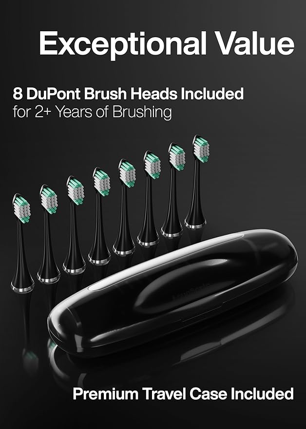 Aquasonic Black Series Ultra Whitening Toothbrush – ADA Accepted Electric Toothbrush- 8 Brush Heads & Travel Case – 40,000 VPM Electric Motor & Wireless Charging - 4 Modes w Smart Timer