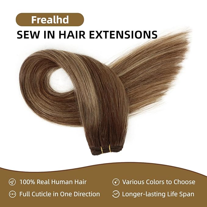 Sew in Hair Extensions Real Human Hair, 110g 24 inch Ombre Color 4/27/4 Balayage Chocolate Brown to Caramel Blonde Double Weft Weave Bundles Remy Human Hair Extensions Straight