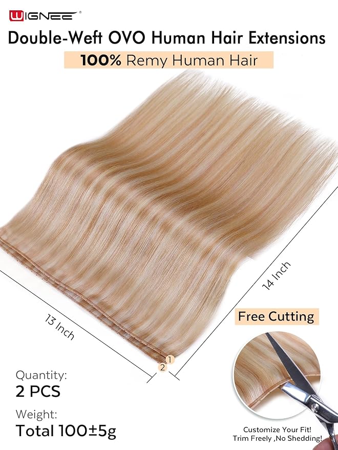 WIGNEE Double Invisible PU OVO Human Hair Extensions 100% Remy Hair Weft Strawberry Highlight Blonde Hair Extensions Human Hair 14 Inch Glueless Wefts Real Human Hair Extensions (18/613)