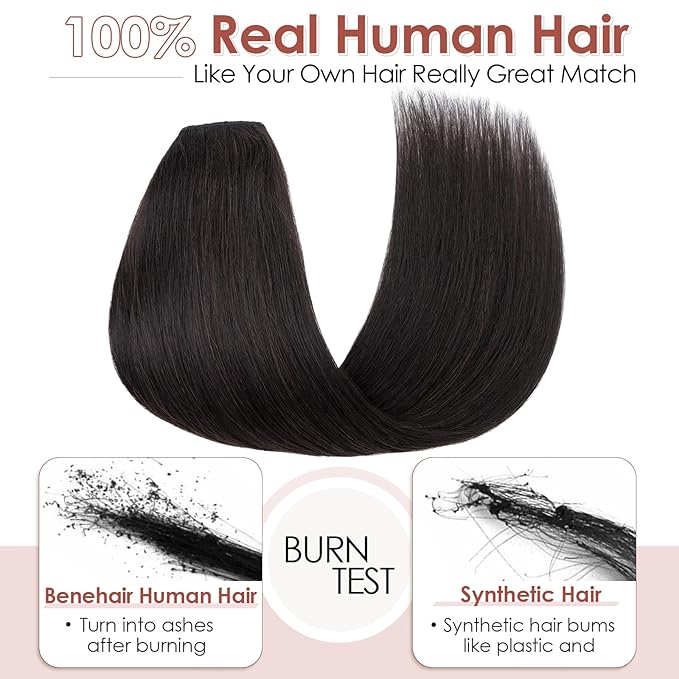 Benehair One Piece 5 Clips in Hair Extensions Human Hair 3/4 Full Head V Shaped Weft Thick Lace Net For Women (16"-65g #1B Natural Black)