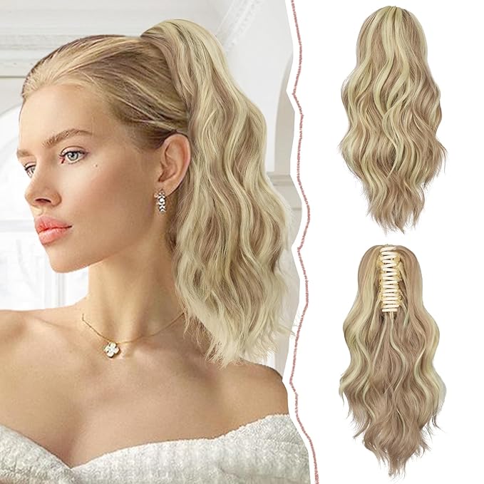 SOFEIYAN 14" Ponytail Extension, Short Wavy Claw Clip in Ponytail Hair Extension Synthetic Hairpieces Ash Brown & Bleach Blonde Layered Natural Fluffy Curly Drawstring Ponytail Hair Piece for Women