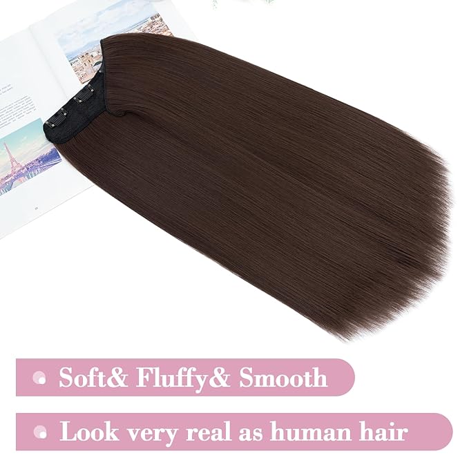 S-noilite One Piece Clip in Hair Extensions 18 Inch U-Shaped One Piece Hair Extensions Weft with 5 Clips Synthetic 3/4 Full Head Long Straight Medium Brown Thick Hairpieces for Women,#10B