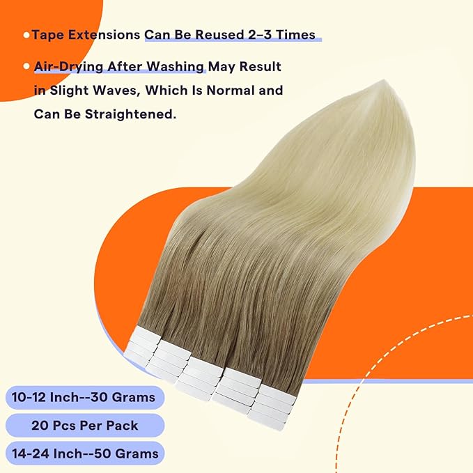 Full Shine Tape in Hair Extensions Color 3 and 8 Brown Fading to 613 Platinum Blonde 20PCS Human Hair Extensions Tape Ins 16 Inch Ombre Soft Hair Seamless Tape in Extensions for Women Real Hair 50g