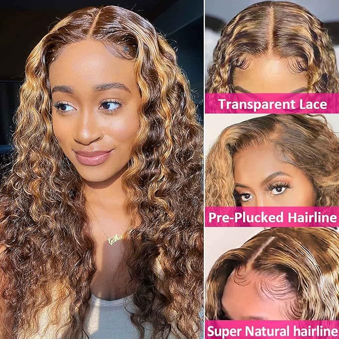 5x5 Highlight Water Wave Closure Wigs Human Hair 180% Density Curly Human Hair Wig Pre Plucked 18inch P4/27 Ombre 5x5 HD Lace Closure Wigs for Women(427curly 18inch)