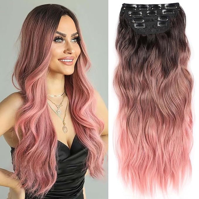 24 Inch Clip in Long Wavy Curly Hair Extensions, 4 PCS Pink Hair Extensions Clip ins, Thick Hairpieces Clip in Hair Extension for Women Synthetic Hair Double Weft Hairpieces (PINK, 24INCH)