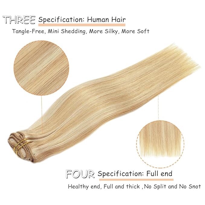 Caliee 22Inch Real Hair Extensions - Clip in Human Hair, Natural Silky Straight, Balayage, Light Golden Brown Mixed Highlight, Platinume 140G 7PCS