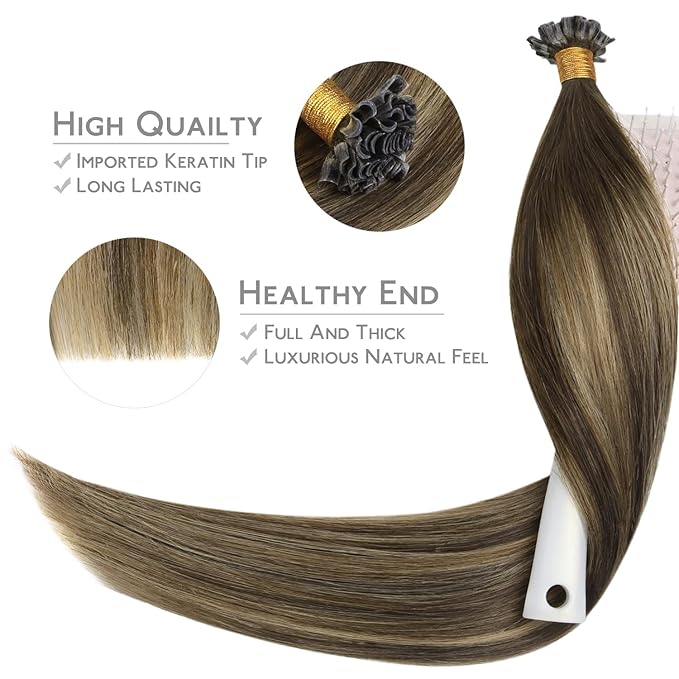 WENNALIFE U Tip Hair Extensions Human Hair, 50g 50s 18 Inch Balayage Chocolate Brown to Caramel Blonde Remy Hair Extensions K Tip Hair Extension Real Human Hair Invisible Straight Keratin Hair