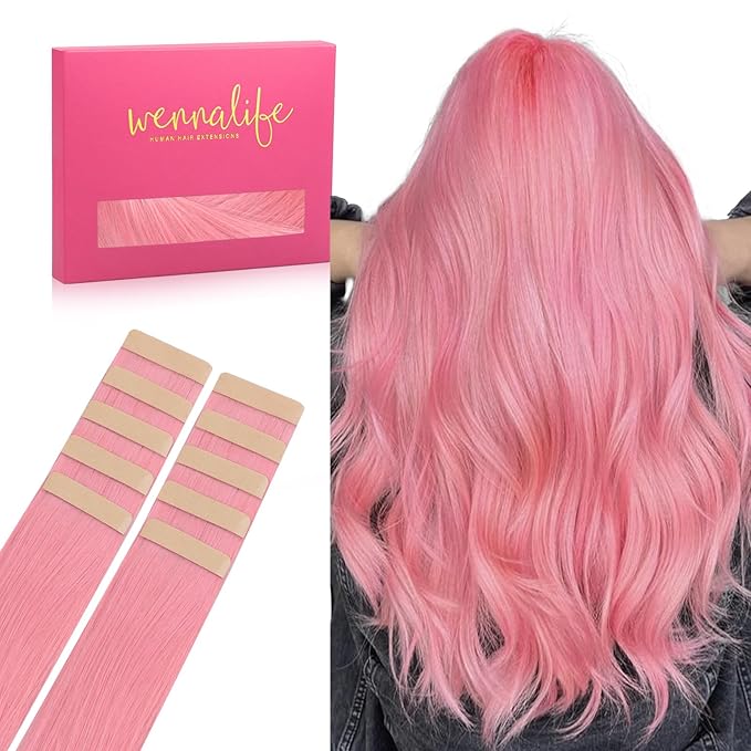 Wennalife Tape in Hair Extensions Human Hair Peach Pink Tape in Extensions, 10pcs 25g 14 inch Remy Invisible Tape Ins Straight Colored Soft Real Human Hair Tape in Extensions Refill Set Extensions