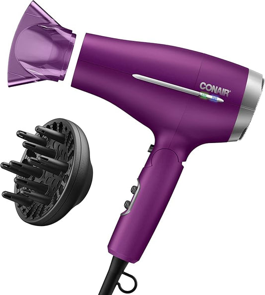 Conair Worldwide Folding Handle Hair Dryer with Concentrator & Diffuser, 1875W Travel Blow Dryer with Smart Voltage Technology, Ionic Conditioning Fights Frizz, 3 Heat & 2 Speed Settings, Purple