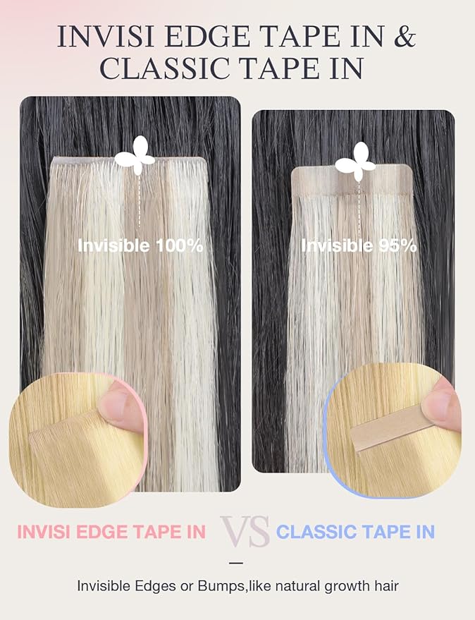 DOORES Invisi Edge Tape in Hair Extensions, Drity Blonde Mixed Platinum Blonde 10 Injection Tape-ins with 10 Classic Tape-ins 50g 24 Inch, Virgin Hair Injection Tape in Extensions