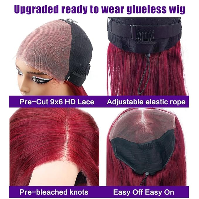 CHEETAHBEAUTY 9x6 Glueless Wigs Human Hair Pre Plucked Pre Cut 30 Inch Straight 99j Burgundy Lace Front Wigs Human Hair for Women 9x6 HD Lace Glueless Wig with Elastic Drawstring 220% Density