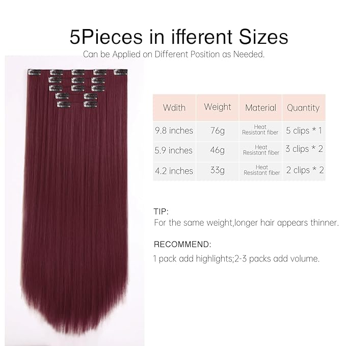 Burgundy Clip in Extensions 26 Inch Long Invisible Thick Synthetic Extension Straight Clips on Hair Pieces 5PCS Soft and Not Easily Knotted Hairpieces for Women Weddings Party Daily Use 8.1 Oz