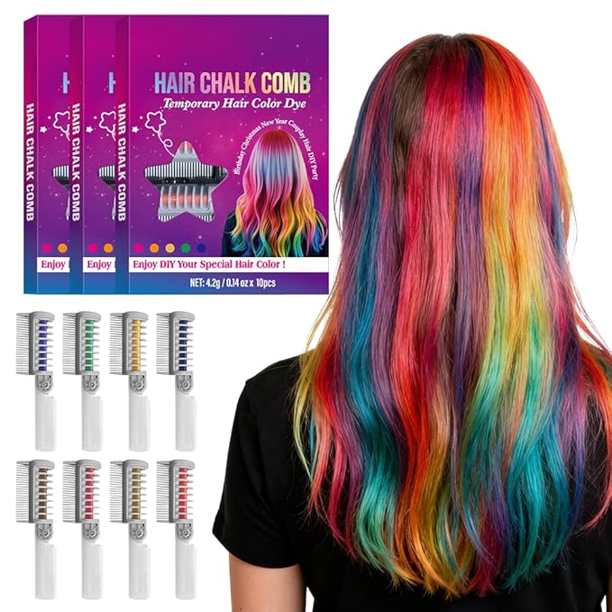 Festive Fun Hair Chalk Combs, 2026 DIY Temporary Hair Color, Colors Instant Hair Color Comb For All Ages For Birthday Party, Christmas Cosplay (8 Colors)