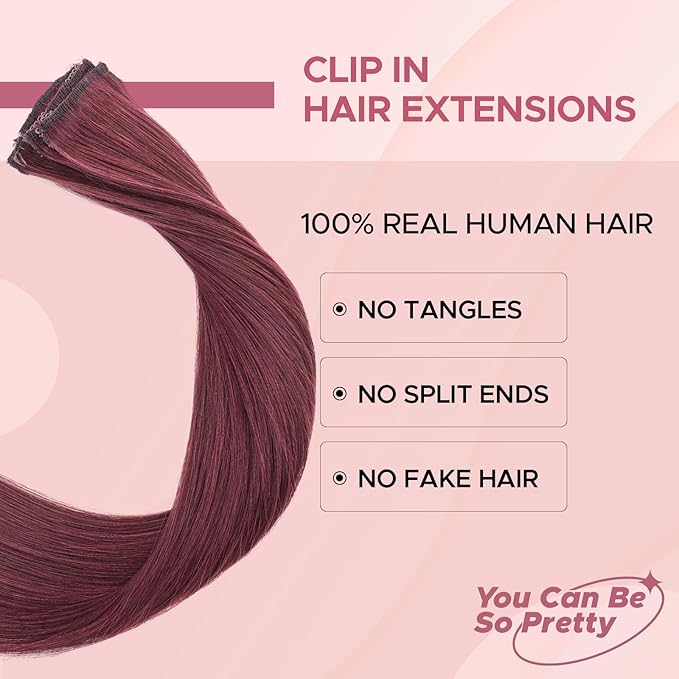 Clip in Hair Extensions Real Human Hair for Women, 22 Inch 47g 6pcs, Wine Red, Straight - Highlight, Add Volume and Length for Daily Wear, Parties, Weddings