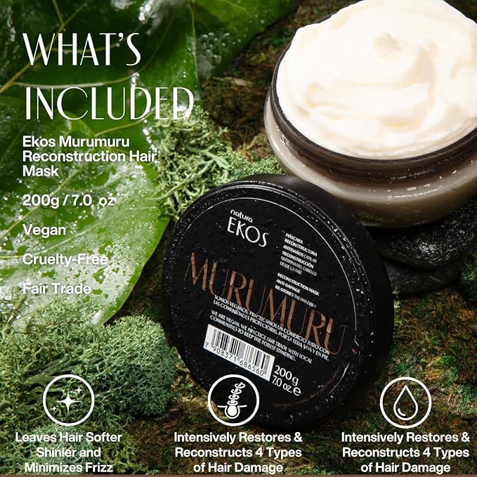 natura Ekos Murumuru Reconstruction Hair Mask - Reduce Breakage & Rebuild Hair Fiber - Intensely Repairs & Protects From Damage -Deep Hydration - Vegan & Cruelty-Free Hair Care - 200g