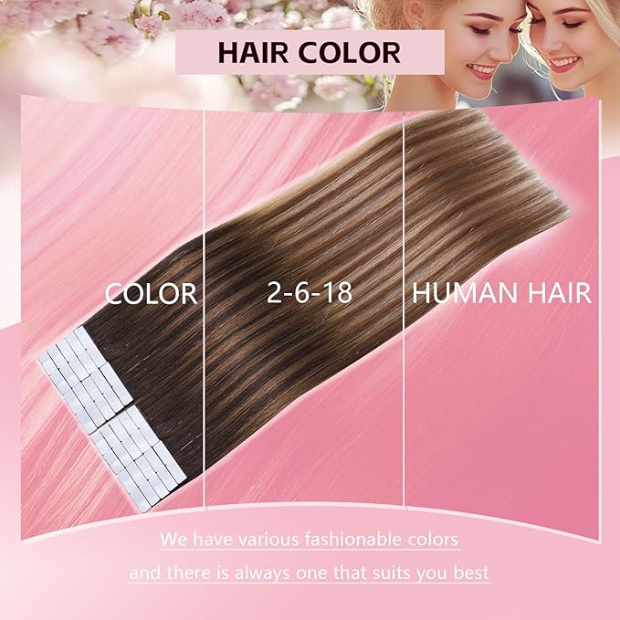 3rd-Generation Pro3.0 Invisible Tape in Hair Extensions Human Hair #2/6/18 Dark Brown to Dirty Blonde 20pcs 40g 18inch Insert Hand-Tied Remy Invisi Edge Tape ins Extensions（#2/6/18-18inch）
