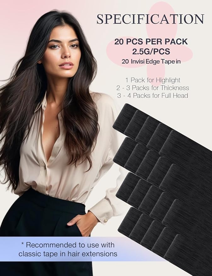 DOORES Invisible Tape in Hair Extensions Human Hair Invisi Edge, Jet Black 10 Injection Tape-ins with 10 Injection Tape-ins 50g 14 Inch, Virgin Human Tape in Extensions