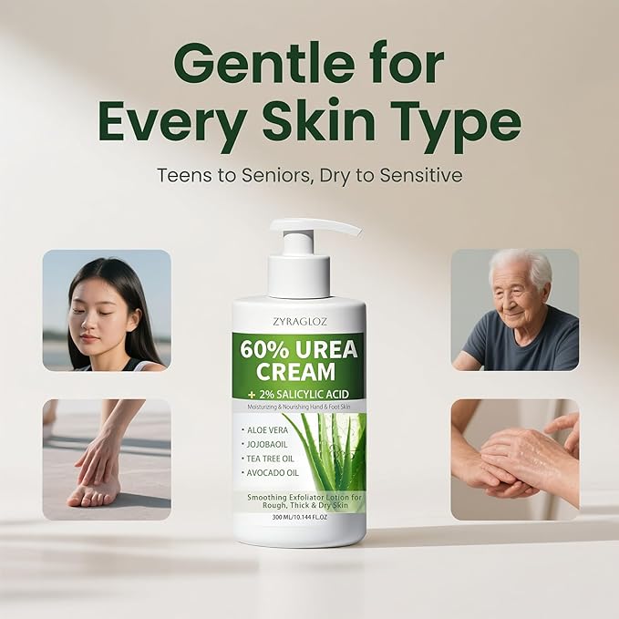 60% Urea Cream with 2% Salicylic Acid, Urea Cream 60 Percent for Feet & Hands, Maximum Strength Moisturizer Foot Lotion for Dry Cracked Heels Feet Knees Elbows Hands, Callus Remover, 10.1 fl oz