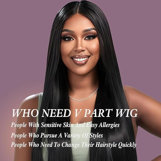V Part Wig Human Hair Straight Human Hair Wigs Upgrade U Part Human Hair Wig for Women No Leave Out No Sew In 200% Density Natural Color 26 Inch