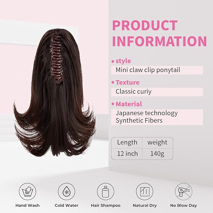Ponytail Hair Extensions, 12 Inch Claw Clip Ponytail Hair Extensions for Women, Chin Clip Wigs, Soft Synthetic Wigs-Chocolate Brownand Auburn Tips