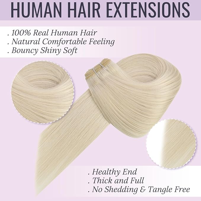 Fshine Blonde Weft Hair Extensions Human Hair 20 Inch 100 Gram White Blonde Sew in Hair Extension Double Weft Straight Real Human Hair Bundle for Women