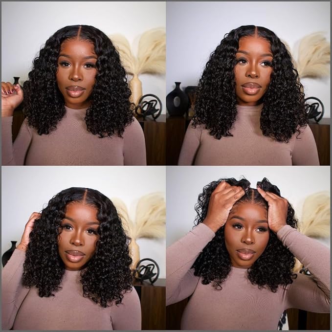 Curly Bob Wig Human Hair 12 Inch Glueless 13x4 Lace Front Wigs Pre Plucked for Black Women 150% Density Mongolian HD Kinky Curly Bob Lace Frontal Wigs Wet and Wave