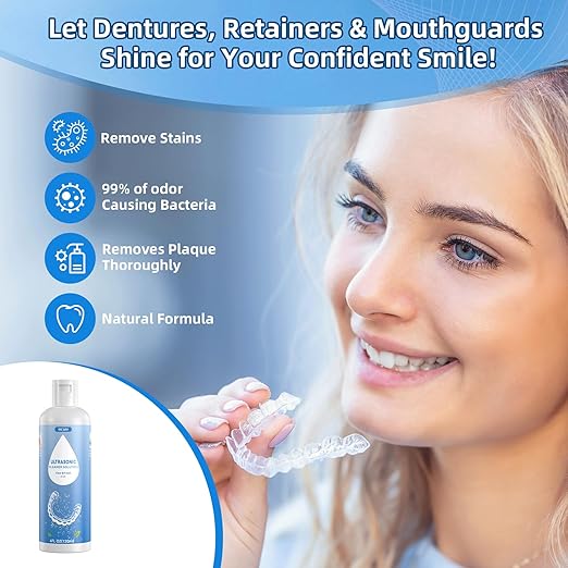 BCOM Retainer Cleaner Solution, Ultrasonic Jewelry Cleaner Solution Deep Clean for Retainer, Mouthguards, Night Guards, Aligners and Jewelry Ring, Odor Stain Remover for Ultrasonic Machines (4 oz)