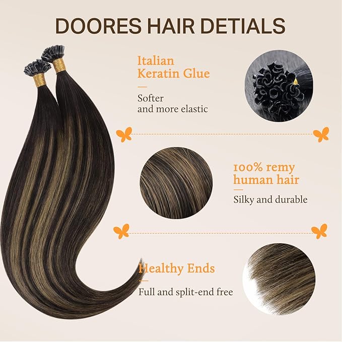 DOORES K Tips Hair Extensions Human Hair, Dark Brown to Chestnut Brown 24 Inch 50g/50s, Utip Extensions