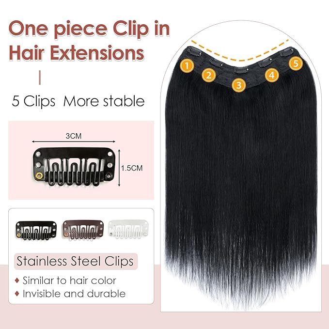 Benehair One Piece 5 Clips in Hair Extensions Human Hair 3/4 Full Head V Shaped Weft Thick Lace Net For Women (12"-55g #1 Dark Black)
