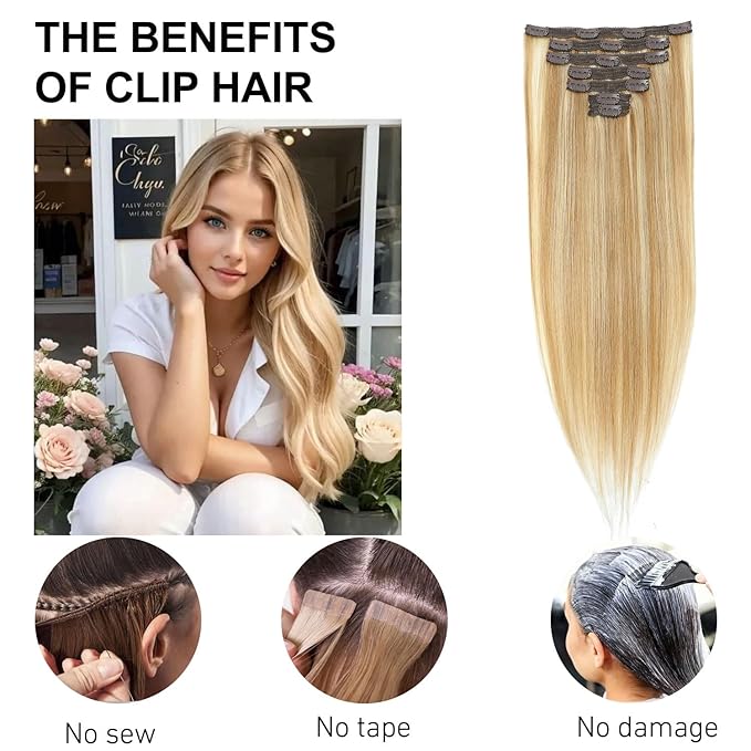 Clip in Hair Extensions Real Human Hair Dirty Blonde to Bleach Blonde 14 inch 7pcs 70g/Pack, Human Hair Clip in Extensions, Salon-Grade Quality, Easy Comfort Wear for Women (#P18/613, 14 inch)