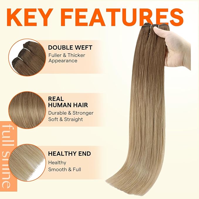Full Shine Weft Hair Extensions Human Hair Weft Extensions Remy Straight Hair Sew In Hair Extensions Balayage Golden Brown To Dirty Blonde Straight Human Hair Bundles For Women 22 Inch 105G