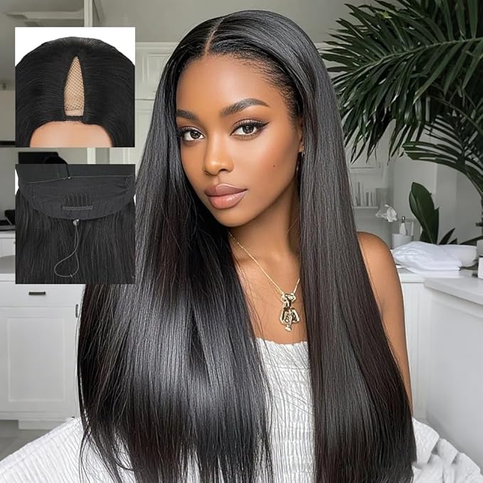 CHEETAHBEAUTY V Part Wigs Human Hair Straight V Shape Wigs for Black Women Upgrade U Part Wigs No Leave Out No Sew In No Glue Clip in Half Wigs 180% Density Natural Black 10Inch