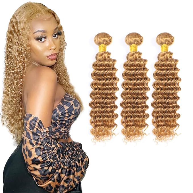 22 24 26 Inch Blonde Bundles Human Hair #27 Honey Blonde Deep Wave 3 Bundle Unprocessed Brazilian virgin hair Weave Extensions Double Weft 50 Grams/Bundle Colored Blonde Bundles for Woman