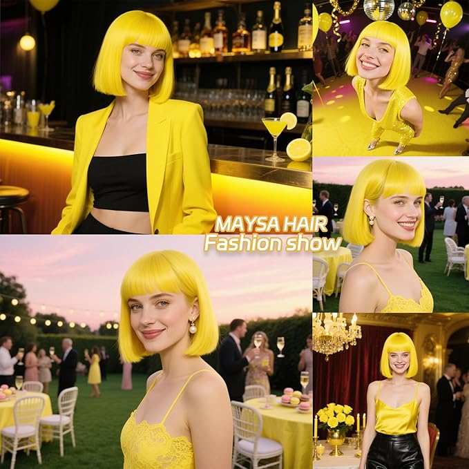 MAYSA Yellow Bob Wig with Bangs for Women Short Straight Neon Bob Wig 12in Synthetic Cosplay Daily Party Colorful Wigs # Yellow