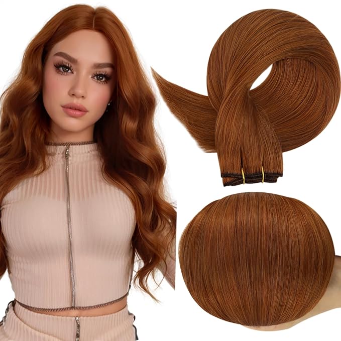 Full Shine Weft Hair Extensions Human Hair Invisible Hair Extensions Sew In Copper Human Hair Sew In Weft Extensions Remy Straight Hair Weft Extensions For Women 22 Inch 105G