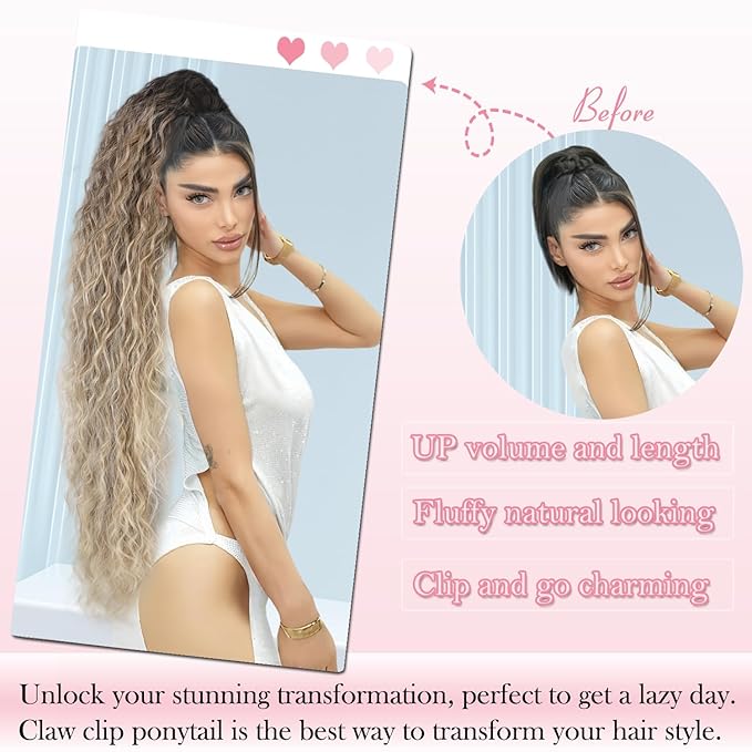 ENBEAUTIFUL 30" Claw Clip Ponytail Extension Long Wavy Ponytail Extension Synthetic Pony Tails Hair Extensions Clip in Hair pieces for Women Ombre Brown mix Blonde