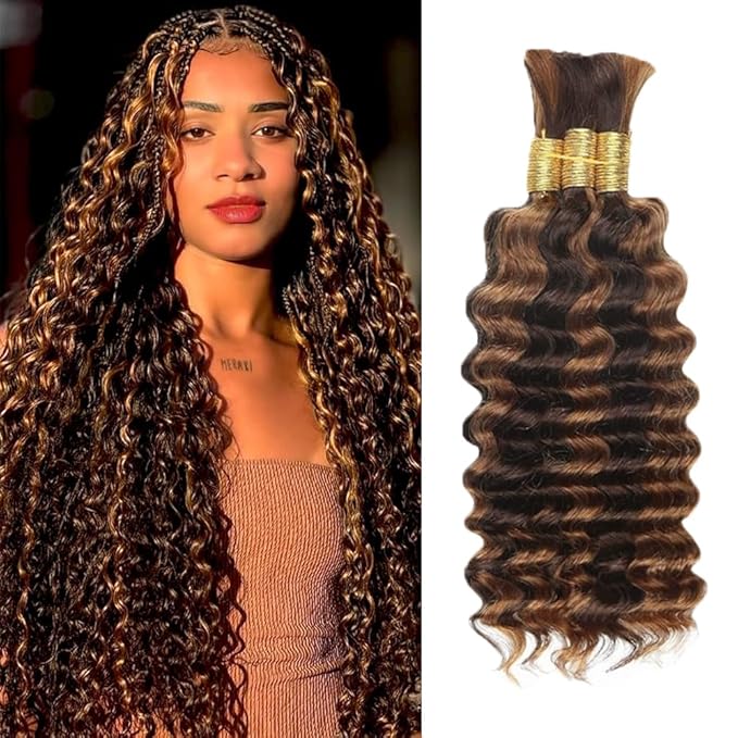 32 32 32 Inch P430 Highlight Brown Human Braiding Hair Deep Wave Bulk 150g/3 Bundles Light Dark Brown Deep Wave Braids Human Hair Extensions