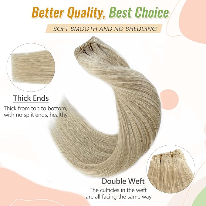 Licoville Sew in Hair Wefts Human Hair Bundles Blonde Double Weft Straight Human Hair Hand Tied Extensions 16 Inch 100grams Thick Full Platinum Sew in Hair Extensions for Blonde Hair