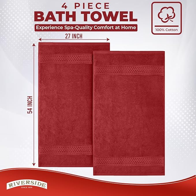 RIVERSIDE 100% Ring Spun Cotton Large Bath Towels Set of 4, 27 x 54 Inches – Quick Dry, Soft & Highly Absorbent Towels for Shower & Bathroom – Luxury 600 GSM Towels for Home, Spa, Gym, Hotel, Red