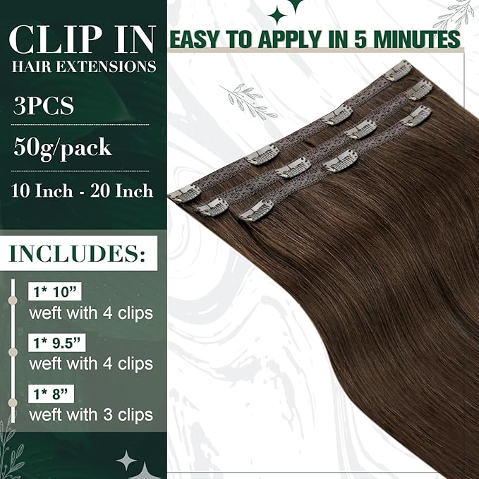 RUNATURE Real Hair Extensions Clip in Human Hair, Brown Clip in Hair Extensions for Women, Double Weft Straight Remy Extensions Natural Soft 16 Inch 50g 3pcs #4 Medium Brown