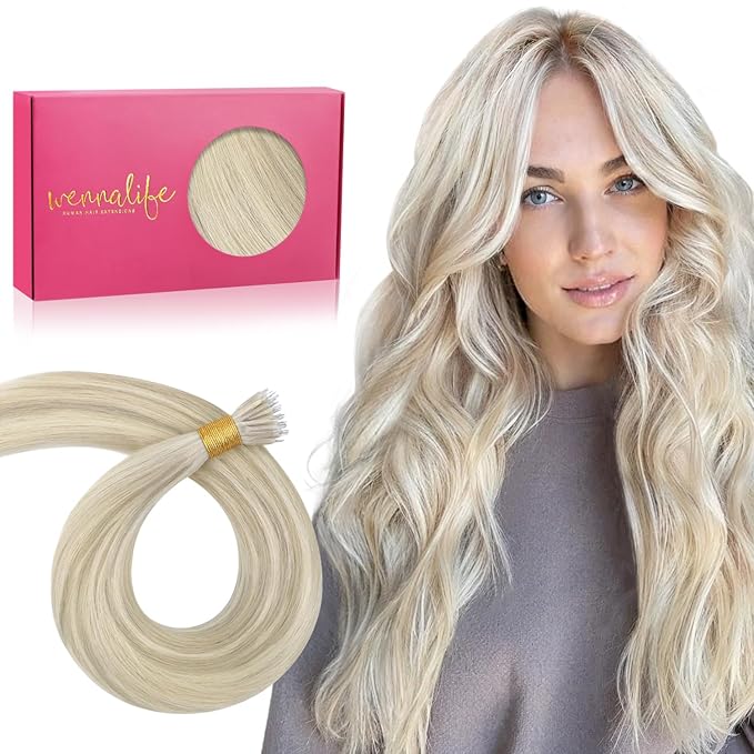 WENNALIFE Nano Bead Hair Extensions Human Hair, 50g 50s 22 Inch Ash Blonde Highlighted Platinum BlondeReal Human Hair Extensions for Women Invisible Nano Ring Hair Extensions Remy Hair Extensiones