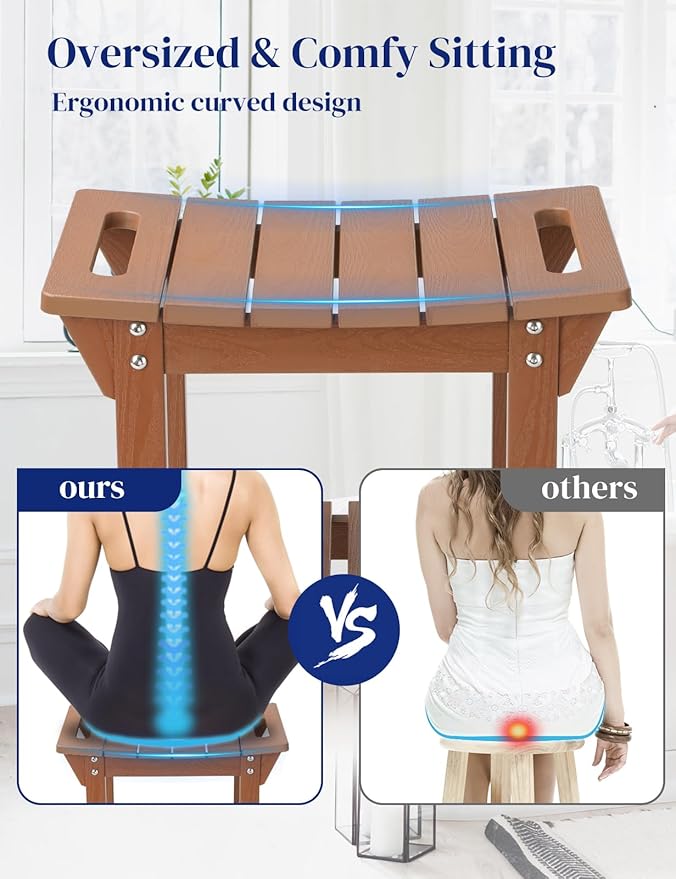 Waterproof Shower Bench, Poly Lumber Shower Stool for Shaving Legs, Shower Chair Seat with Storage Shelf and Handles, Bathroom Bench for Inside Shower, Non-Slip (Brown)