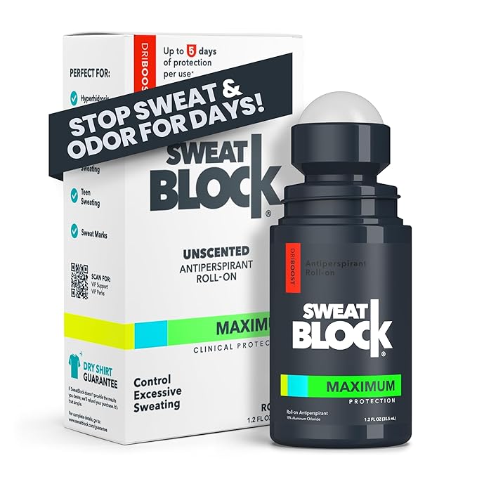SweatBlock Maximum Strength Roll-On Antiperspirant for Men and Women 1.2 FL OZ Hyperhidrosis and Odor Control Formula Blocks Excessive Sweat for Days Per Application Dermatologist Recommended Solution