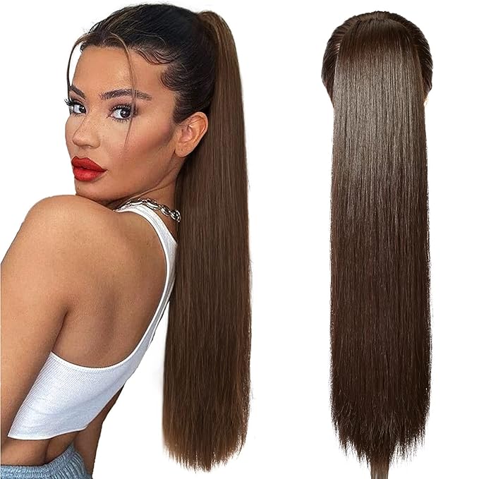 SEIKEA 28" Ponytail Extensions Drawstring Long Straight Fake Pony Tail Natural Soft Clip in Hair Extension Synthetic Heat Resistant Hairpiece - Dark Chocolate Brown