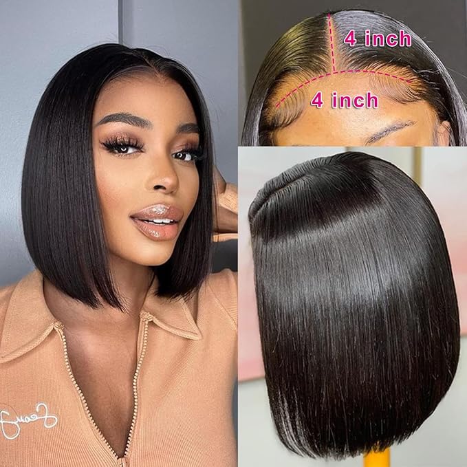 LICHANG 11 Inch 4x4 Lace Closure Bob Wigs Human Hair Wear And Go Straight Glueless Pre Plucked with Baby Hair for Black Women 180% Density